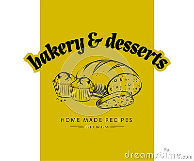 Bakery house & desserts logo design with hand drawn bread and cupcakes illustration. Vector Illustration